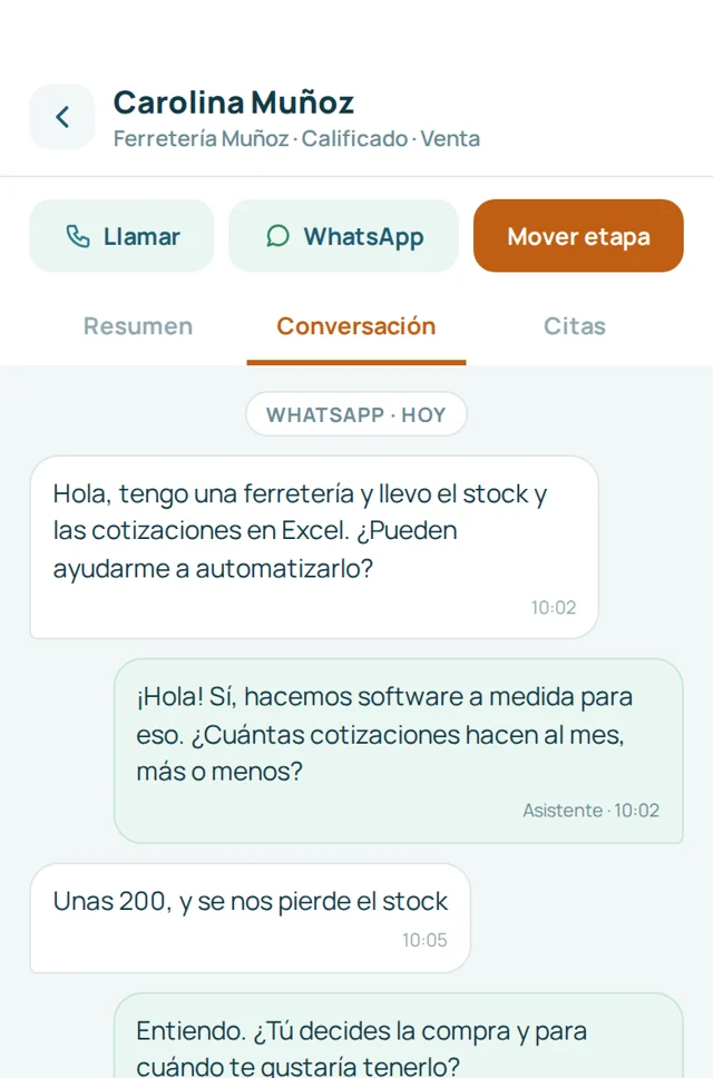 App VILO: detalle de un lead con su conversación