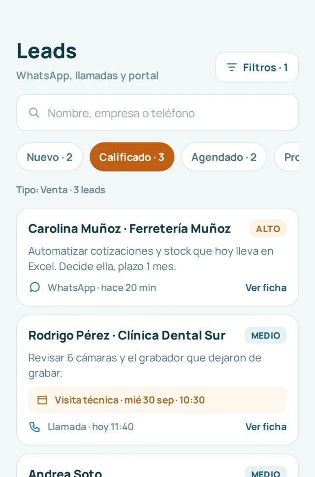 App VILO: leads que llegaron por WhatsApp y llamadas